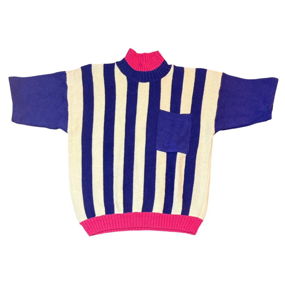 Duet Vintage Striped Knit Sweater Women Large Blue Pink Mock Neck Short Sleeve